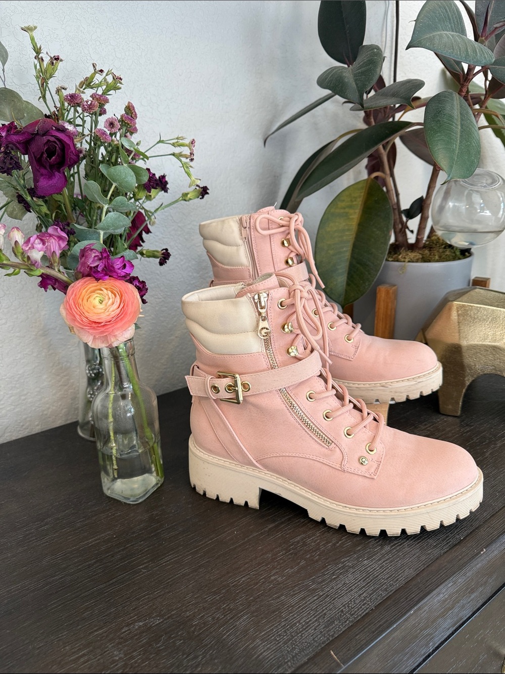 GBG Los Angeles Pink Combat Boots with Gold Hardware - Sz 8.5
